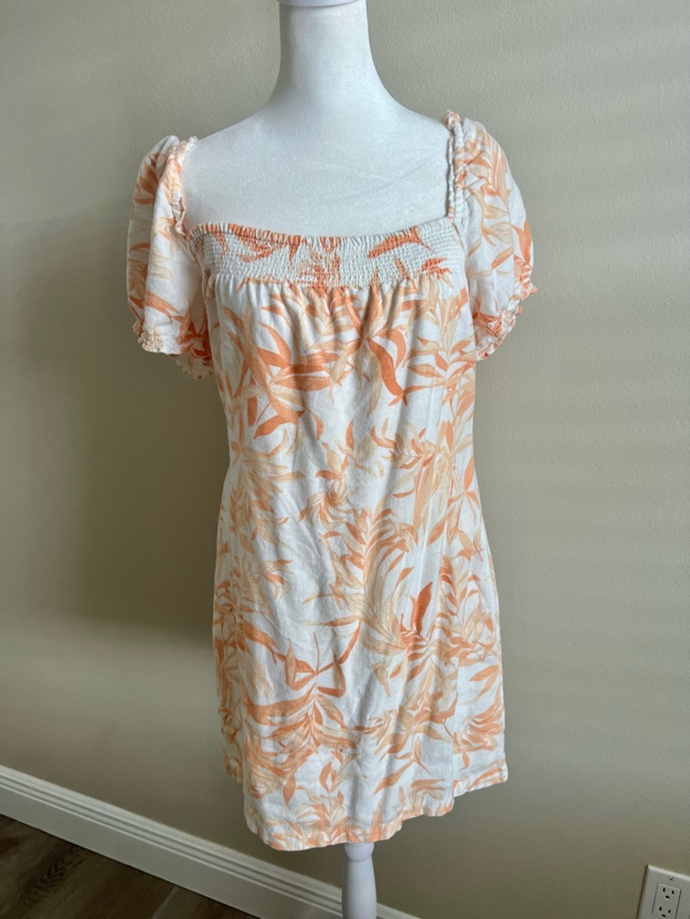 Abercrombie Linen Blend Orange Tropical Mini Dress Puff Sleeves Small